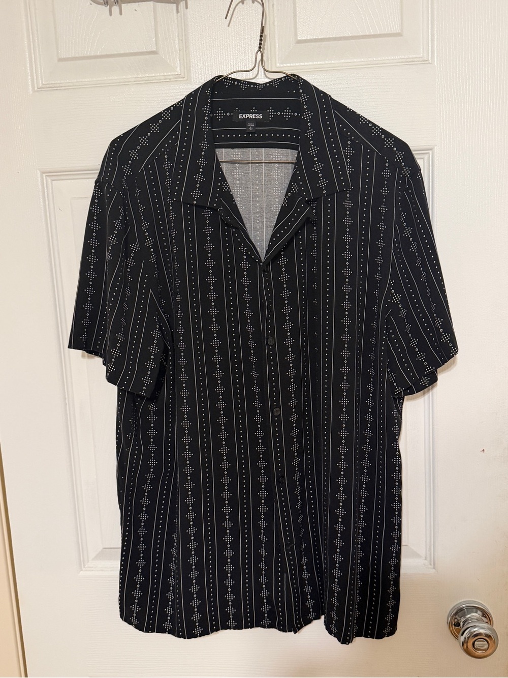 Express Black Short-Sleeve Button-Up Shirt with White Pinstripe Dots